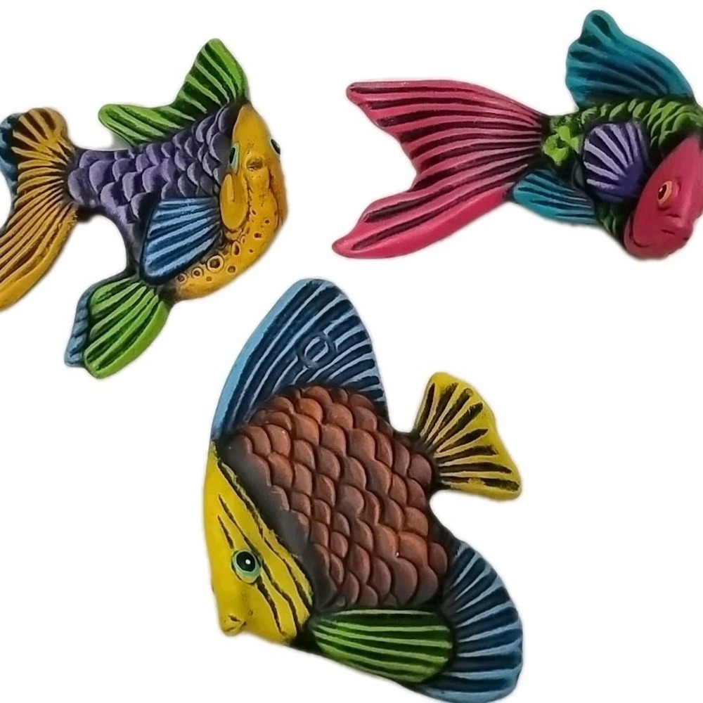 3 Tonala Ceramic Colorful Fish Frias Signed Mexico Hand Paint Hang Bright Colors